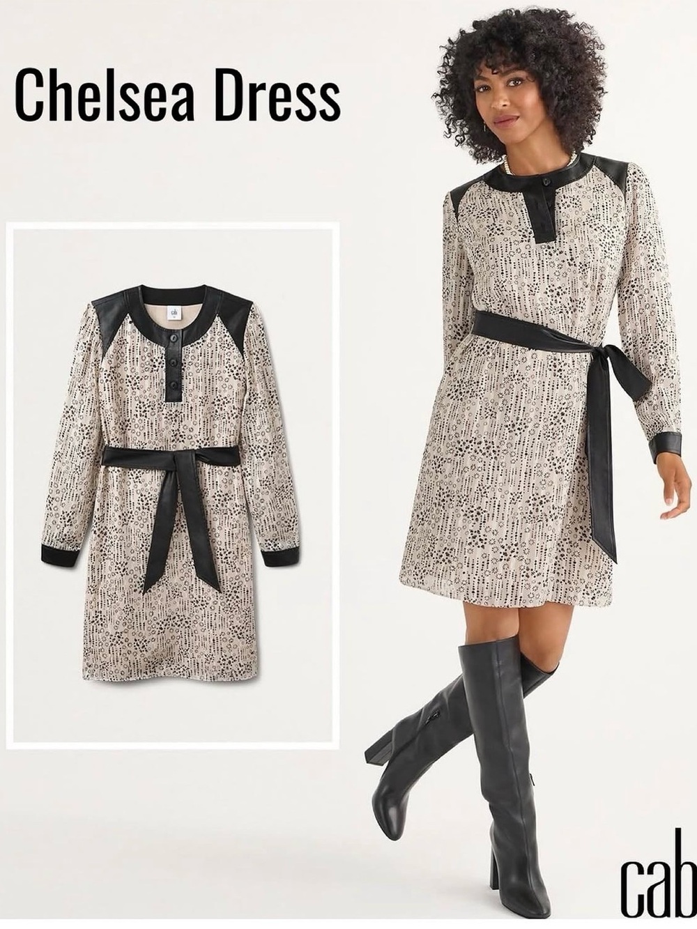CAbi Cream and Black Chelsea dress with Faux Leather Trim and belt